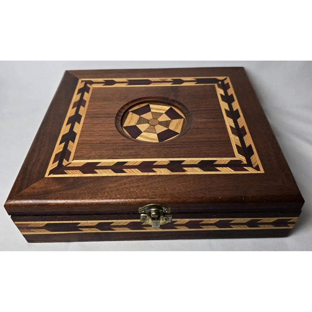 Vintage Wood Marquetry Wood Inlaid Box Jewlery Sewing Art Deco Trinket Storage